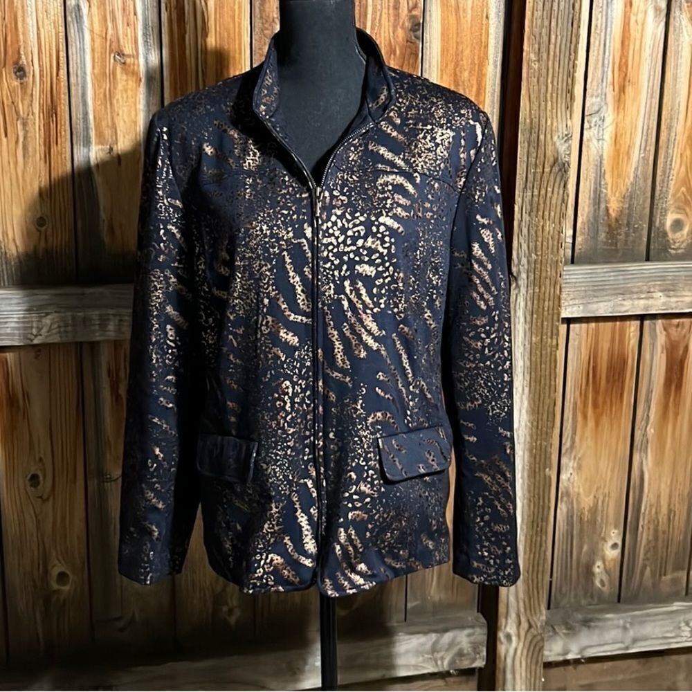 Alfred Dunner blazer plus knit navy blue copper animal pockets 16 FIRM on PRICE